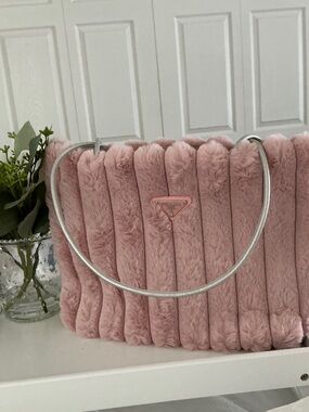 PRADA NWT  Blush Pink Faux Fur Shoulder Bag with Silver Strap with Insert